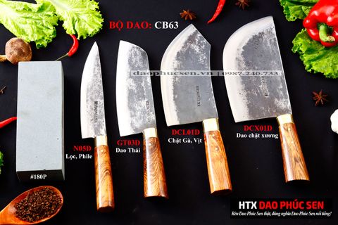 BỘ DAO BẾP CB63 cán cẩm khâu đồng + ĐÁ MÀI