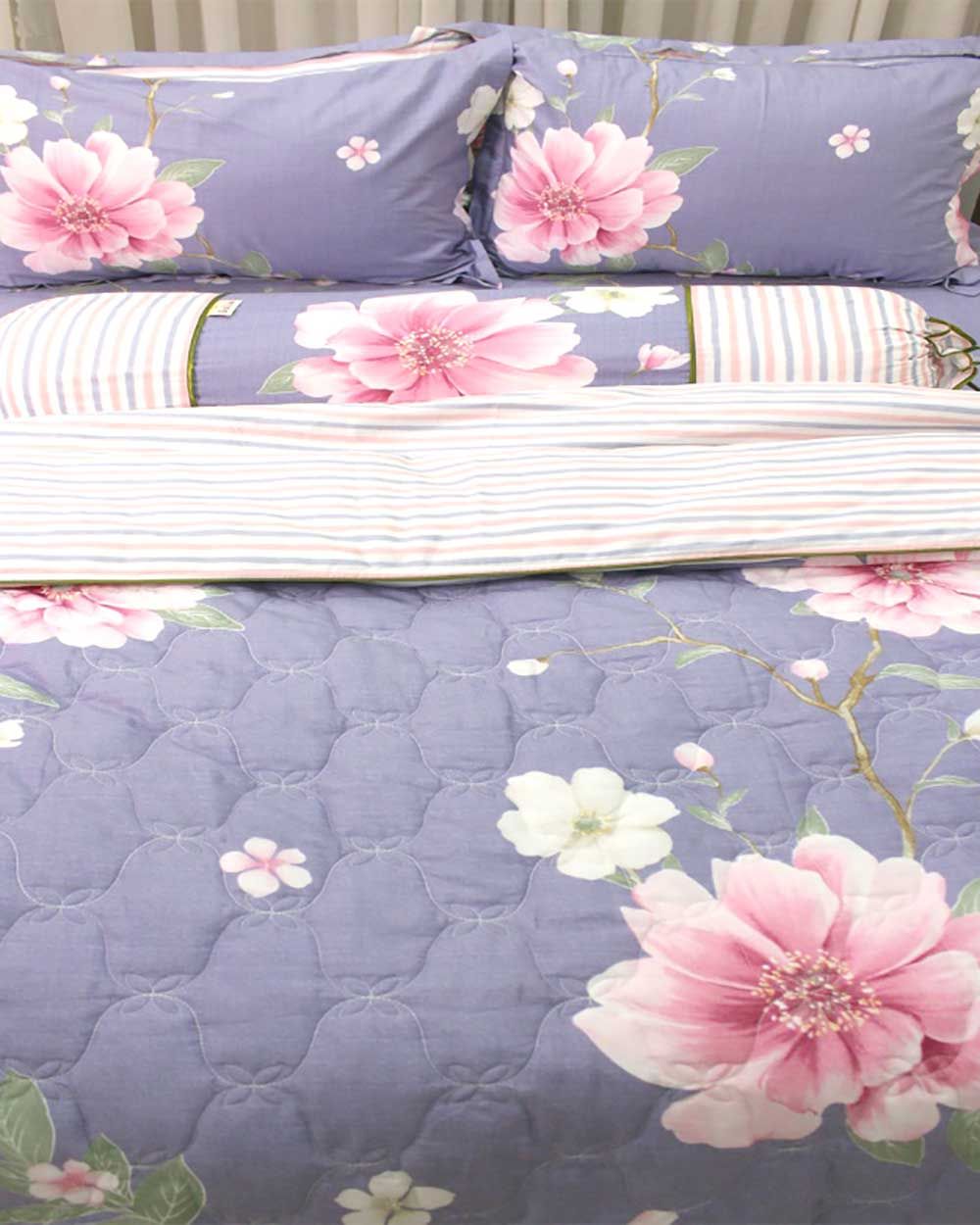 Bộ Chăn Ga Gối Cotton Hoa Trắng Hồng