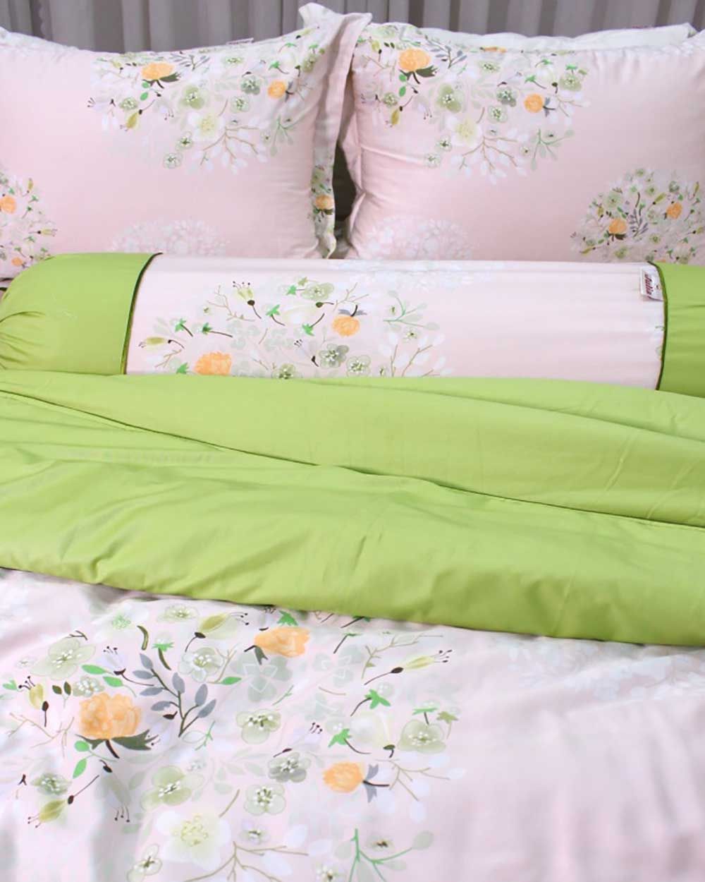 Bộ Vỏ Chăn Ga Gối Satin Gấm Hồng Xanh