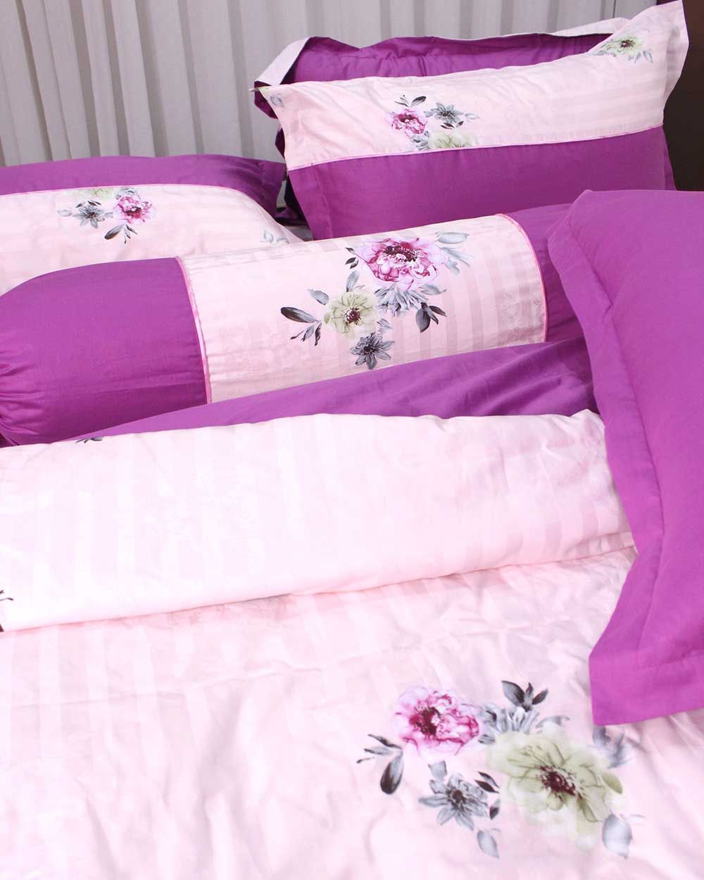 Bộ Chăn Ga Gối Satin Gấm Hoa Hồng Tím