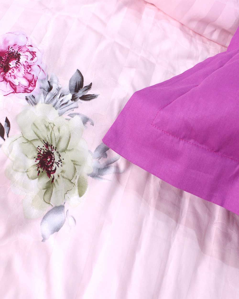 Bộ Chăn Ga Gối Satin Gấm Hoa Hồng Tím