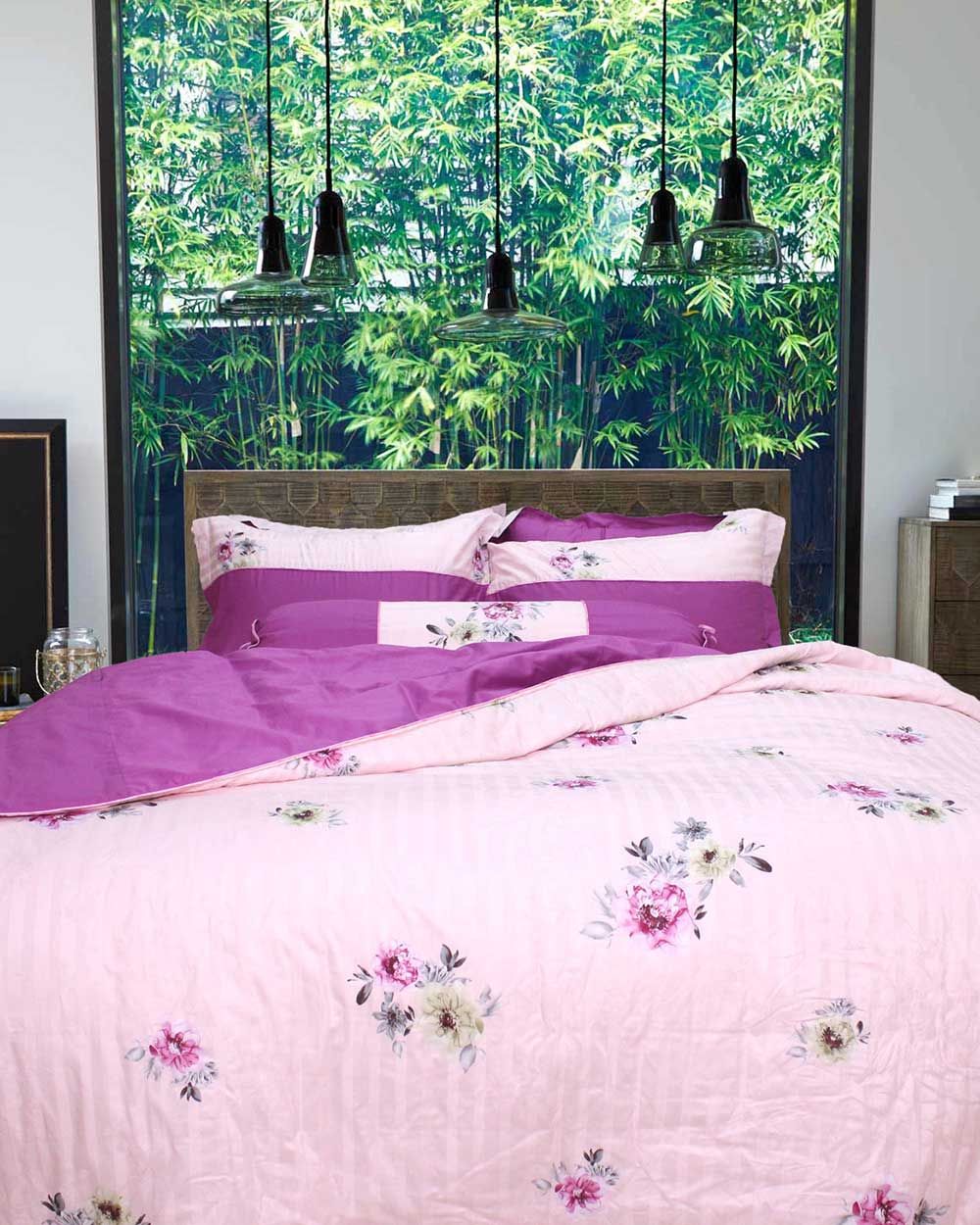 Bộ Vỏ Chăn Ga Gối Satin Gấm Hoa Hồng Tím