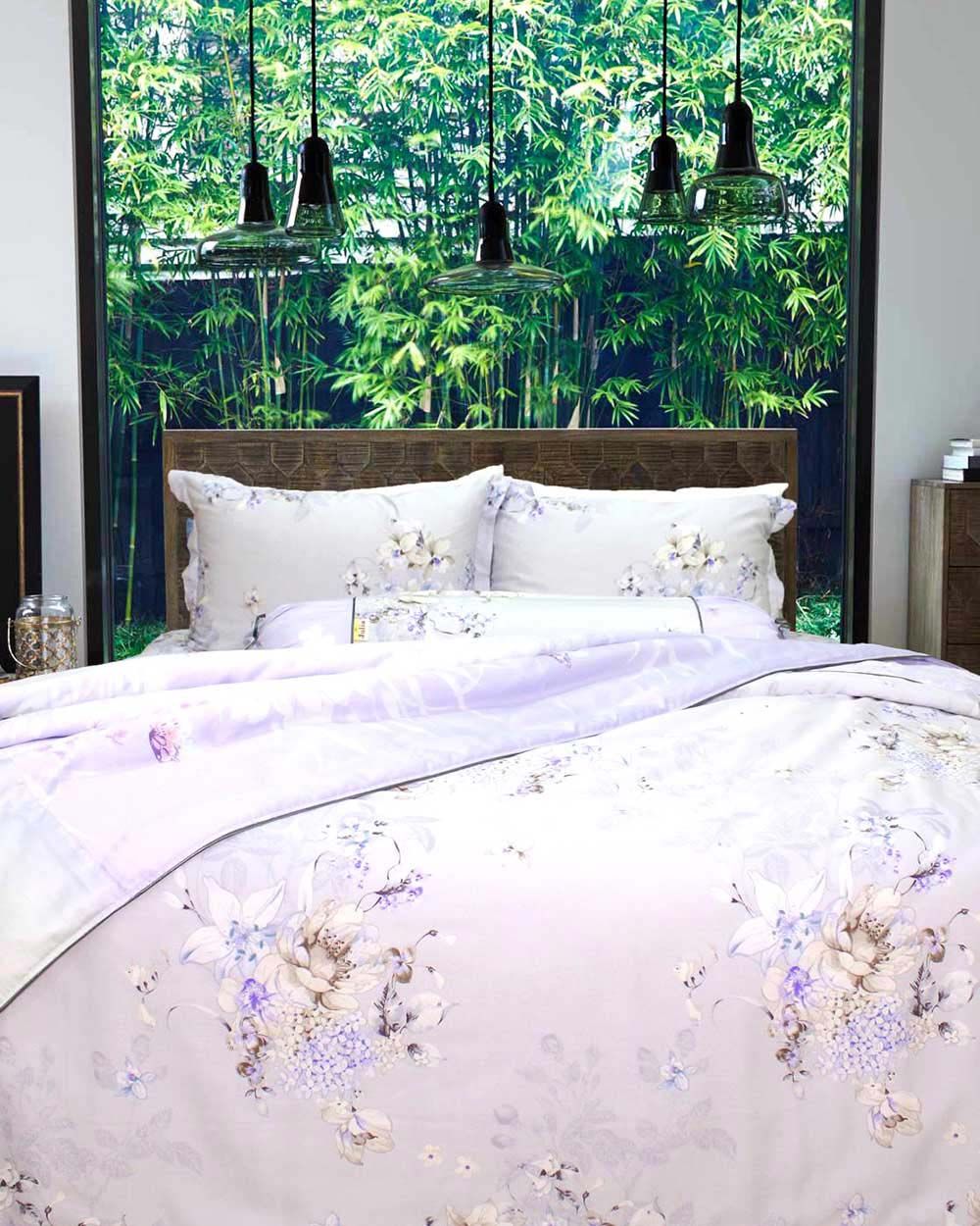Bộ Vỏ Chăn Ga Gối Satin Gấm Hoa Trắng Xám