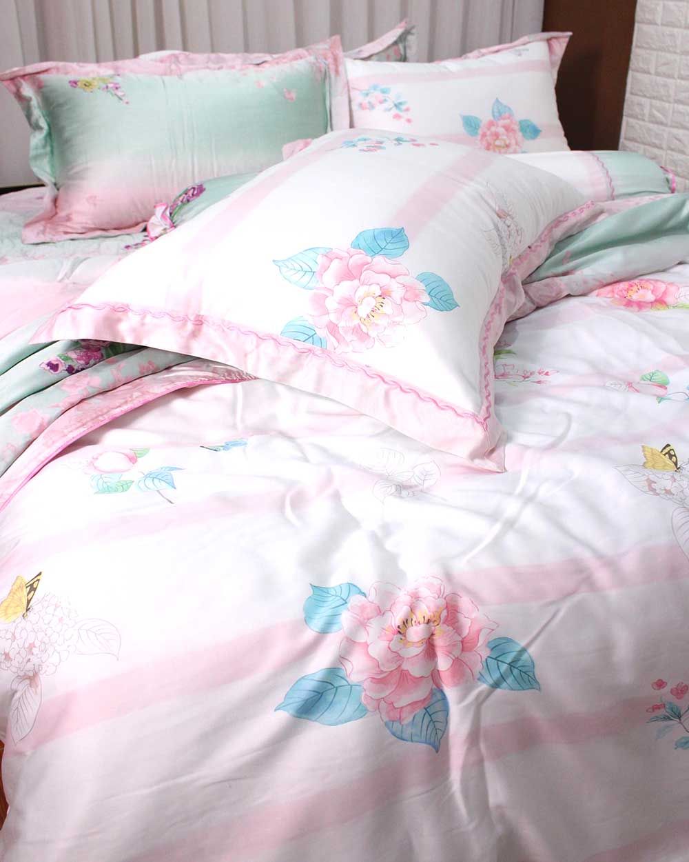 Bộ Vỏ Chăn Ga Gối Tencel Hoa Hồng Xanh
