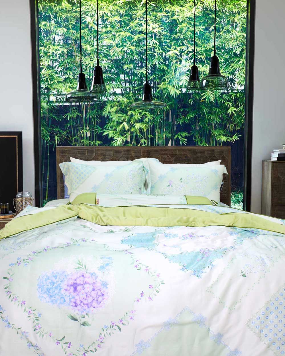 Bộ Vỏ Chăn Ga Gối Tencel Hoa Xanh Lá