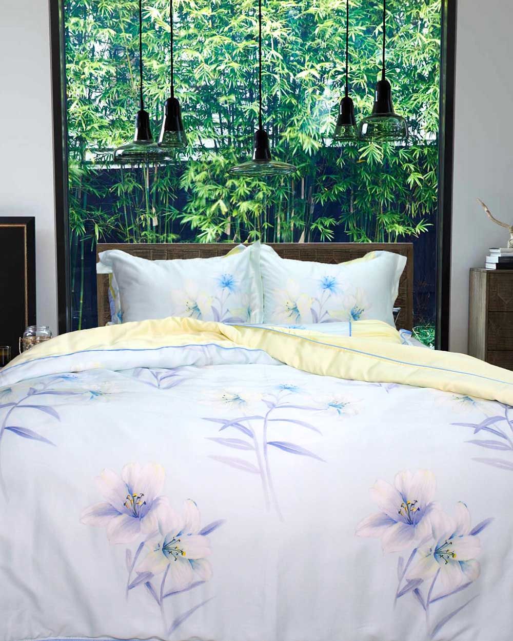 Bộ Vỏ Chăn Ga Gối Tencel Hoa Xanh Vàng
