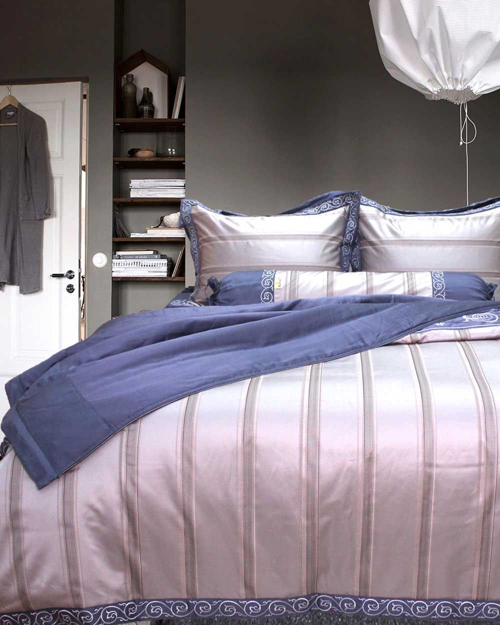 Bộ Chăn Ga Gối Chần Gòn Tencel Sọc Xám Xanh