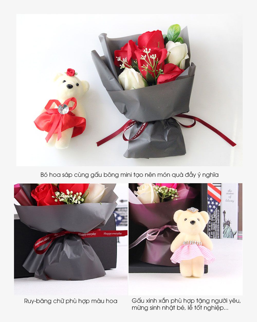 Bó Hoa Xà Phòng Kèm Gấu Bông Love's Miniature Hồng