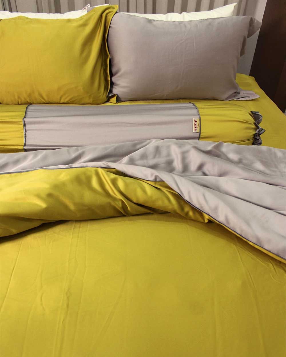 Bộ Ga Gối Tencel Xám Vàng Rêu