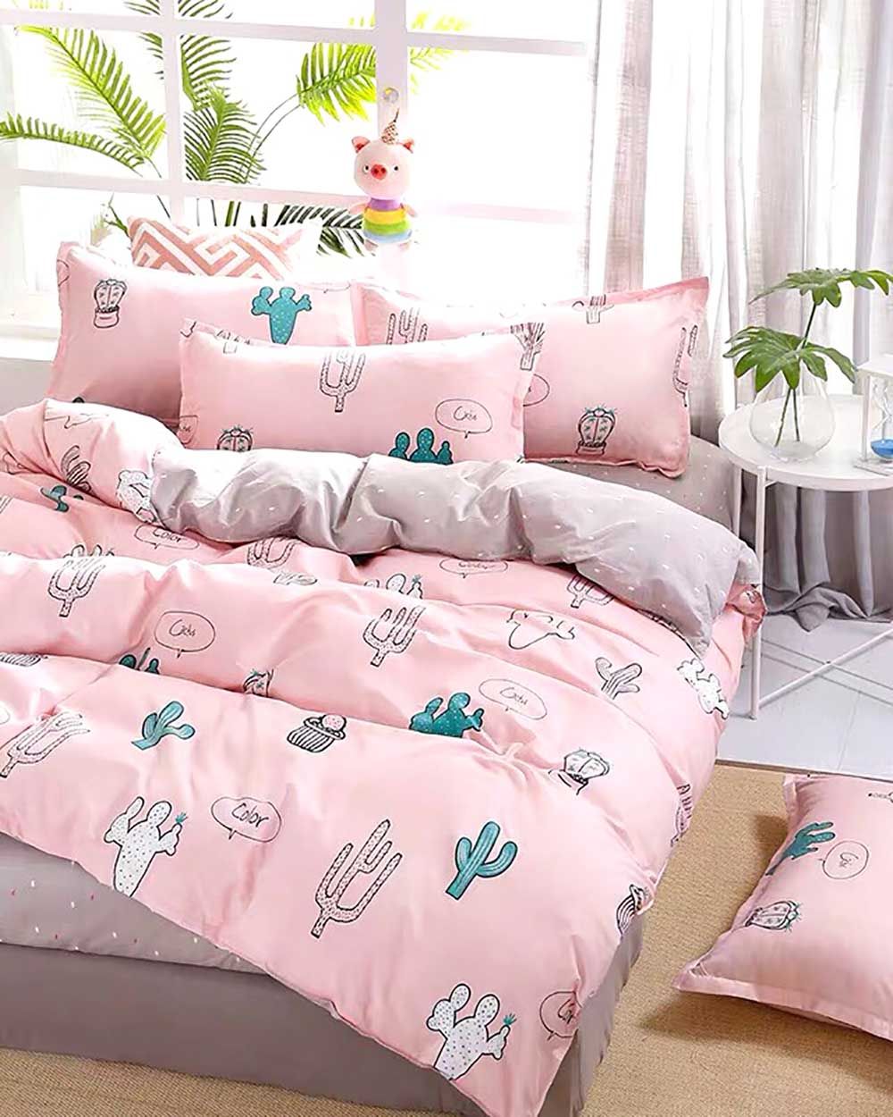 Bộ Chăn Ga 5 Món Layla Xương Rồng Nền Hồng