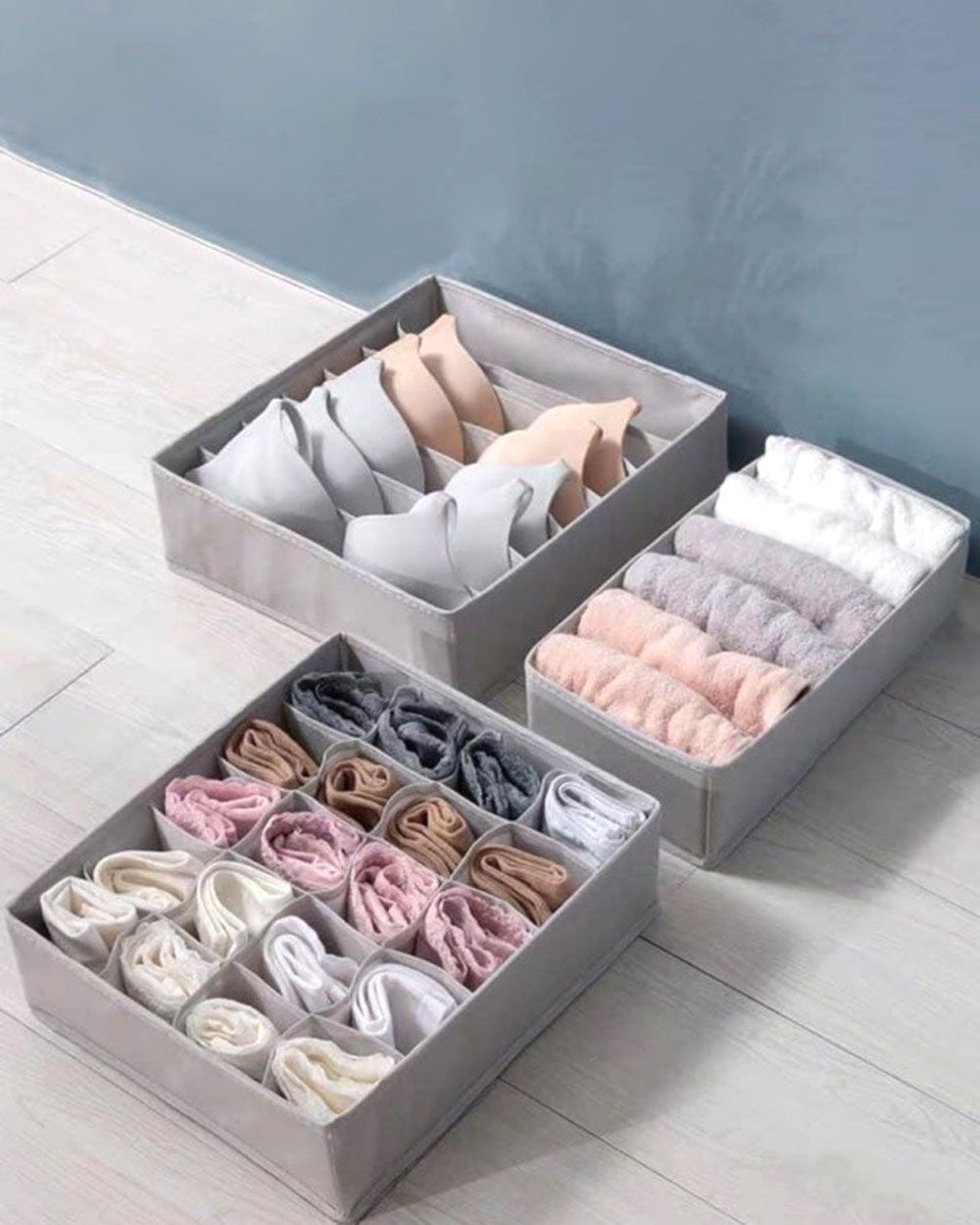 Set 3 Hộp Vải Chia Ngăn Gấp Gọn Xám Đậm