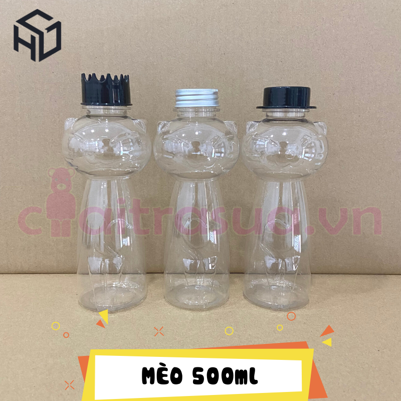 MEO500 - Chai Nhựa PET Đựng Trà Sữa Hình Mèo Ròm 500ml