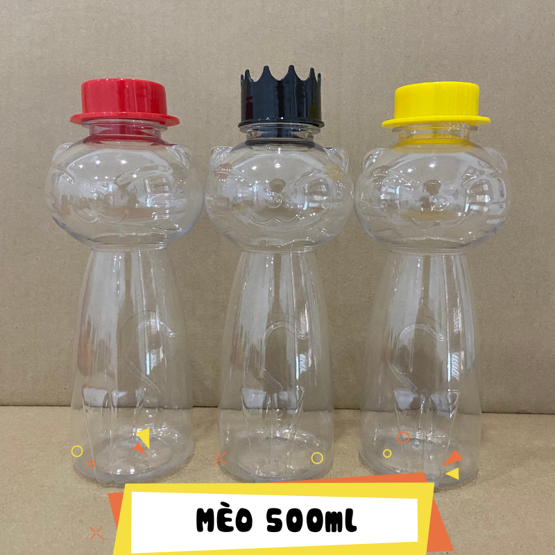 MEO500 - Chai Nhựa PET Đựng Trà Sữa Hình Mèo Ròm 500ml