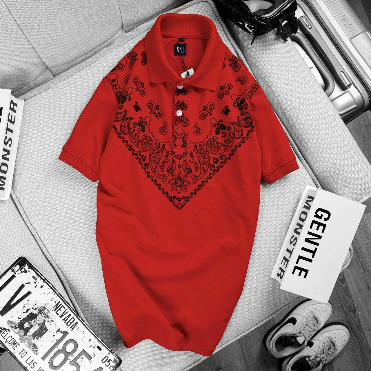 Áo Polo Ngắn Tay Bandana Màu Đỏ Big Size Men
