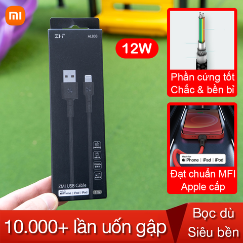  Cáp sạc Xiaomi Zmi AL803 Lightning Chuẩn MFi Dây sạc siêu bền Al803 Al805 Zmi USB-A to Lightning 