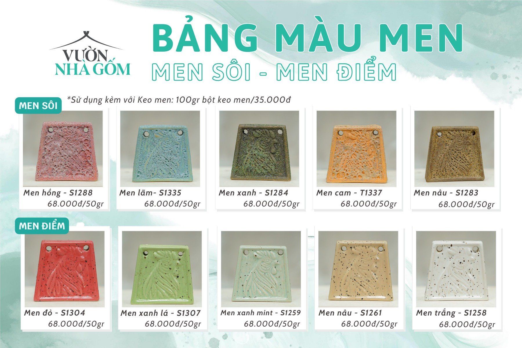 MEN, BỘ MÀU SÔI - MEN ĐIỂM, MEN PHỦ GỐM