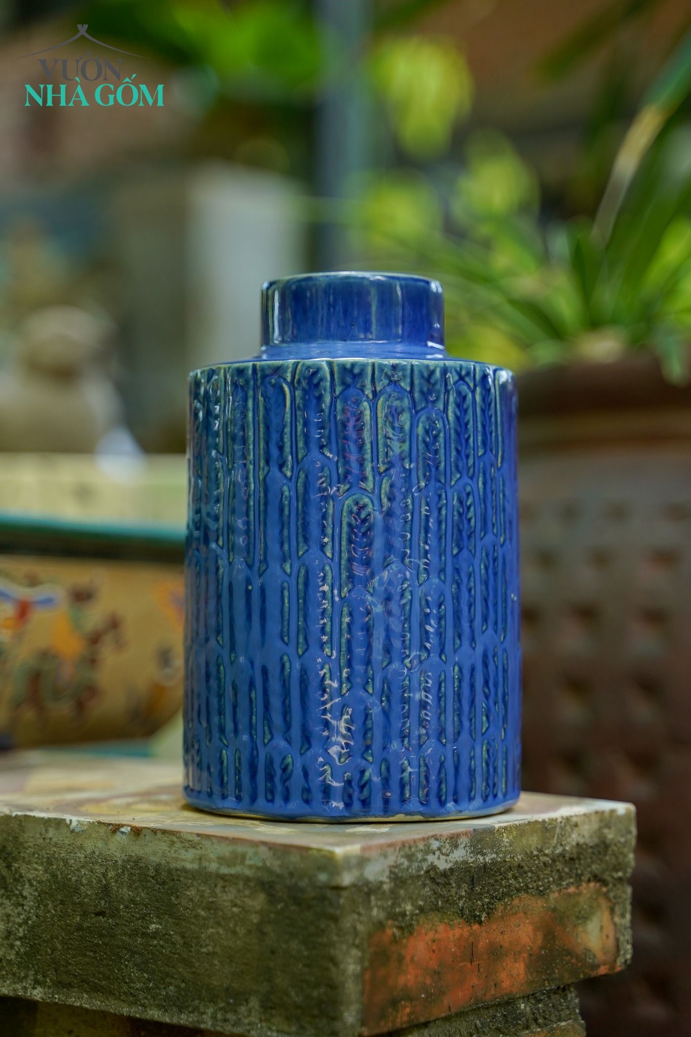 Bình trụ lông công xanh dương, cắm hoa trang trí, C21xR13xM8 cm