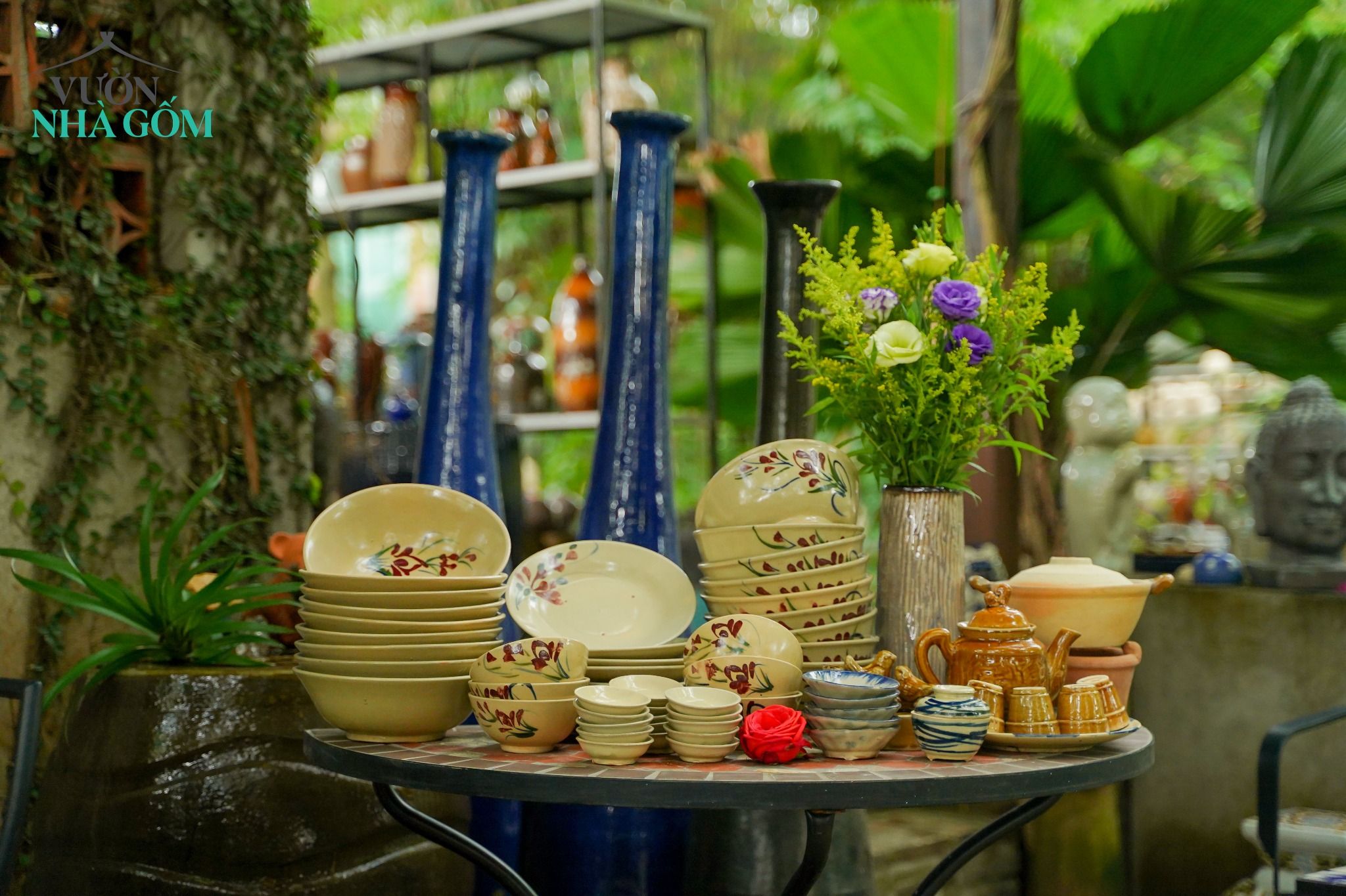 Bộ chén bát họa tiết vẽ tay hoa tím, chén bát Lái Thiêu