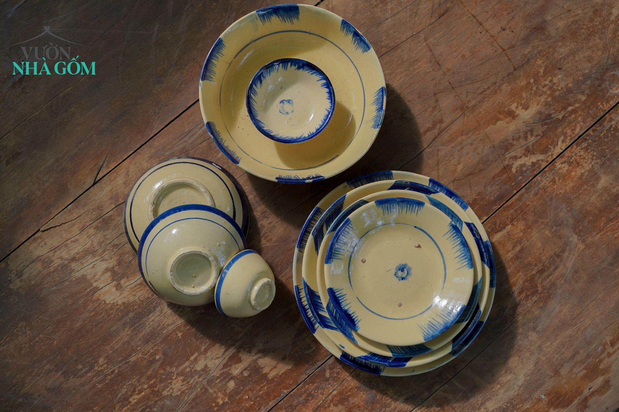 Dĩa phết xanh lớn, chén bát Lái Thiêu nung củi, C4xR18cm