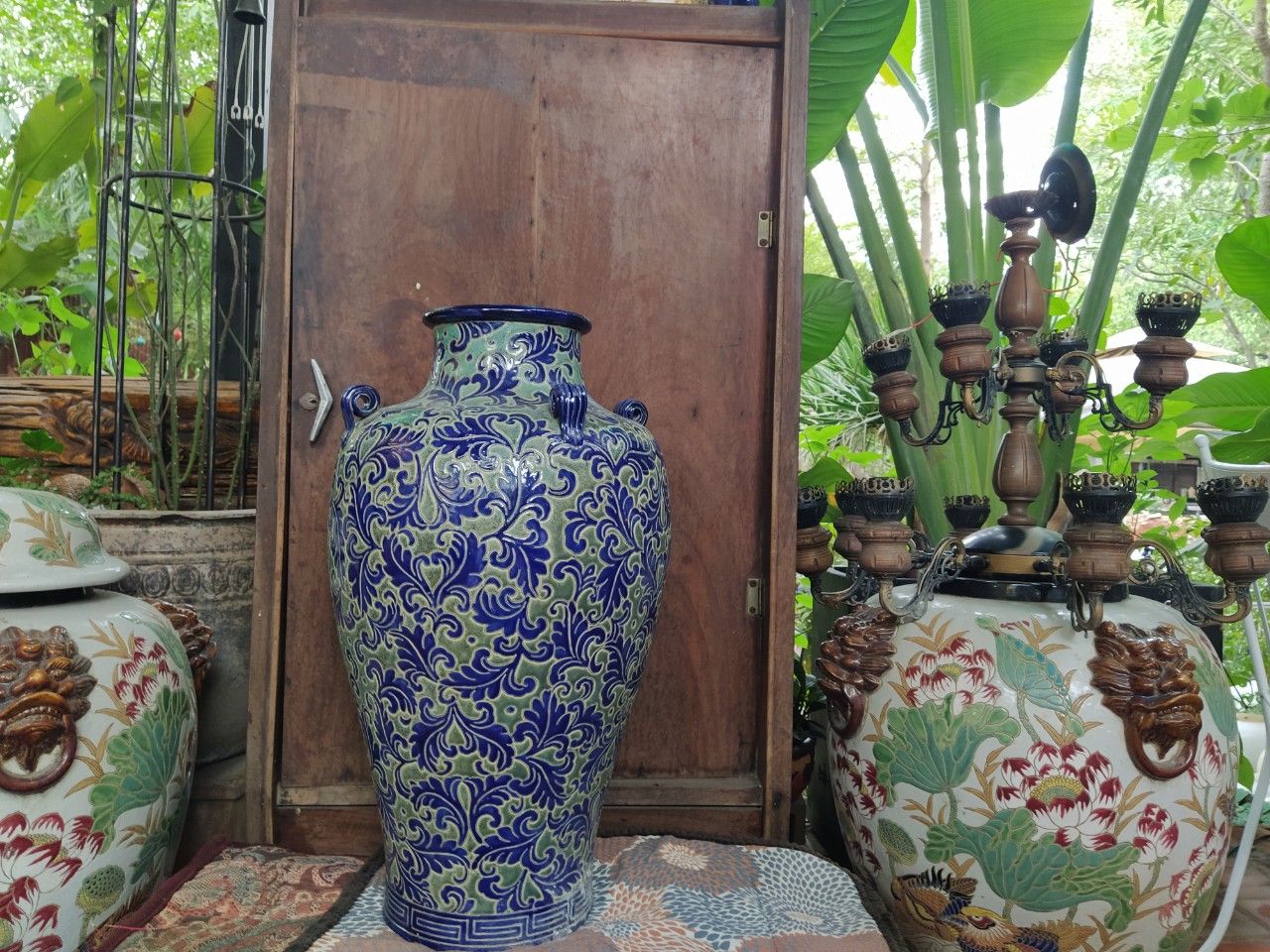 Bình dây lá xanh cobalt 4 quai, gốm mỹ nghệ Nam bộ, C65 x R18 cm