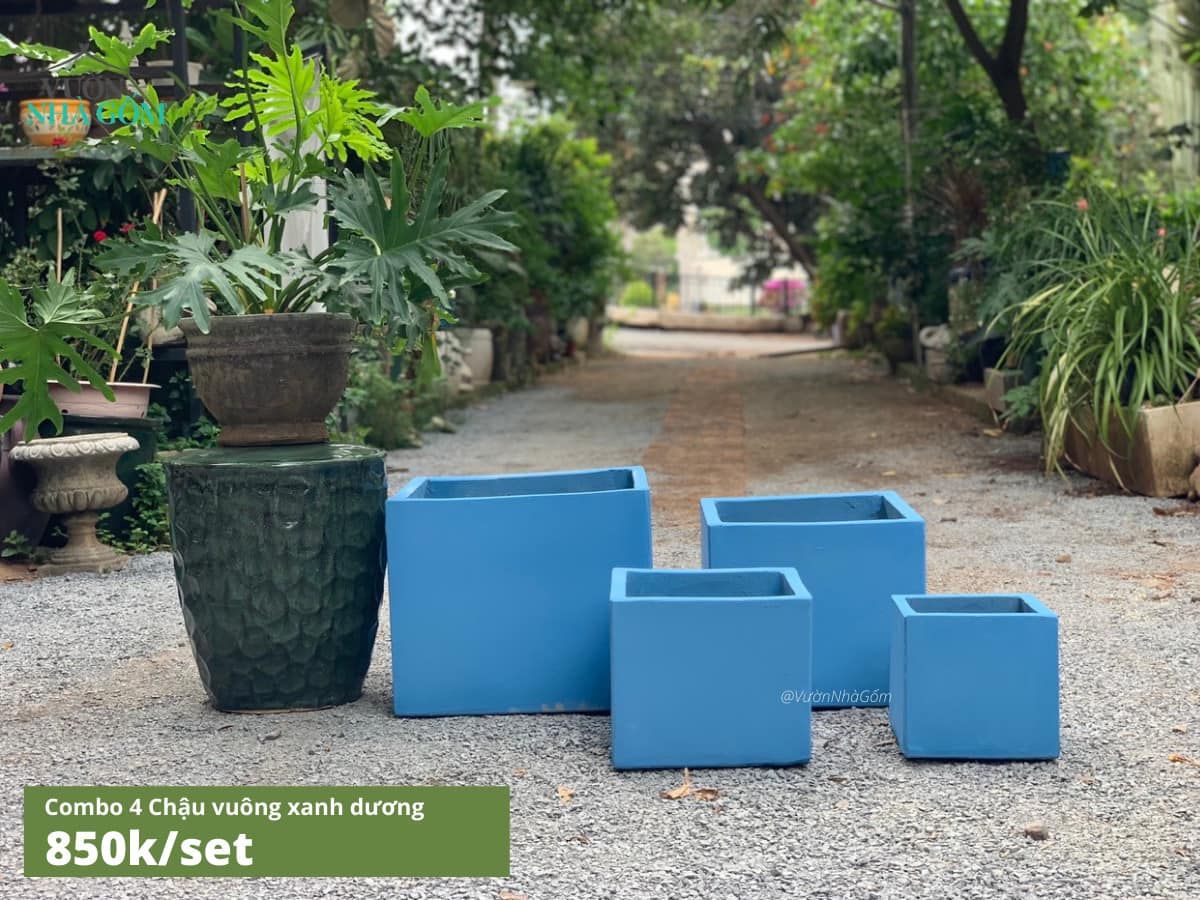 Bộ 3 Chậu vuông xanh dương nhạt, chậu xi măng, D63xR33xC32 cm