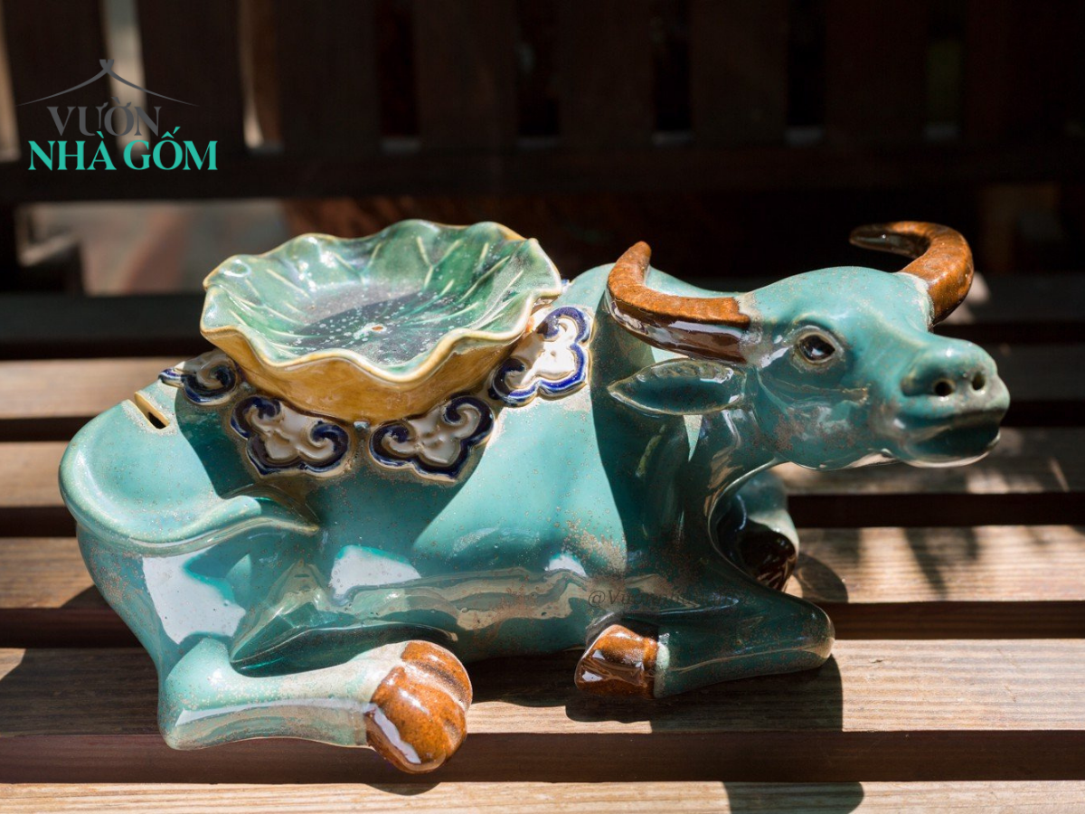 Tượng Trâu lá sen xanh đồng, D26xR15xC10 cm