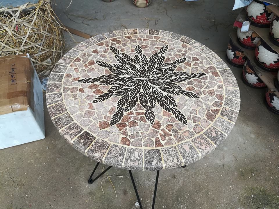 Mosaic cổ điển, bàn ghép gốm tròn, họa tiết bông sáng, R60cm 