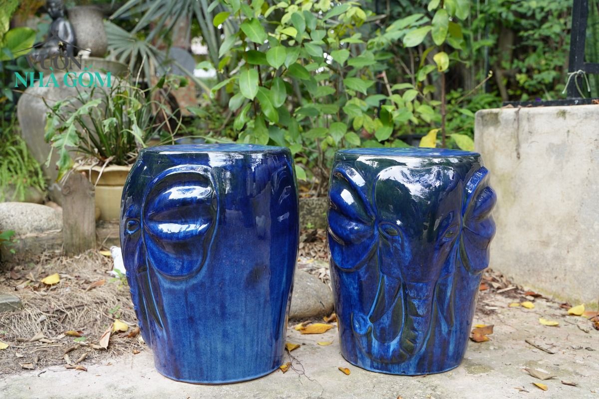 Đôn gốm mặt voi men xanh cobalt, gốm Nam Bộ, C45 x R30cm
