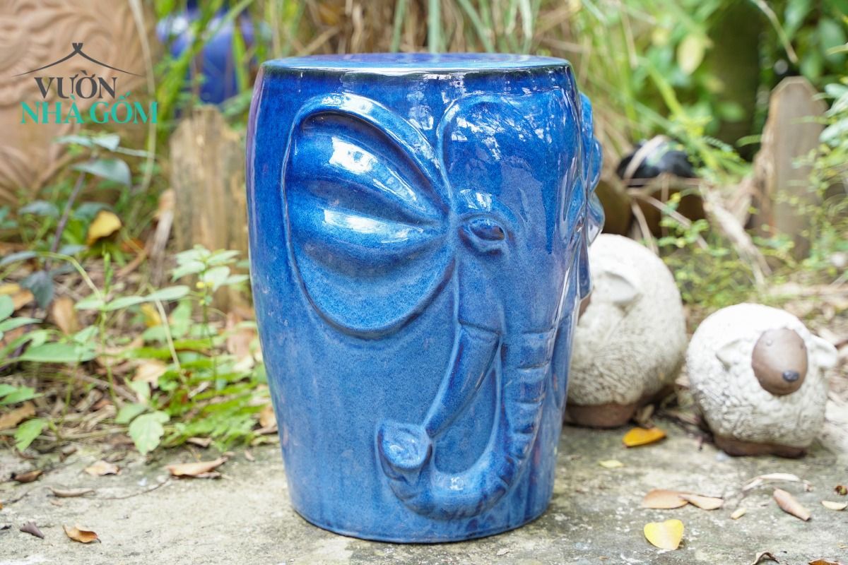  Đôn gốm mặt voi men xanh cobalt, gốm Nam Bộ, C45 x R30cm 