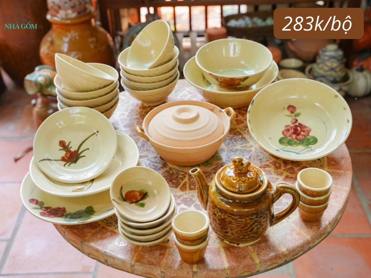 Bộ Nâu chén gân trắng Chén bát Lái Thiêu