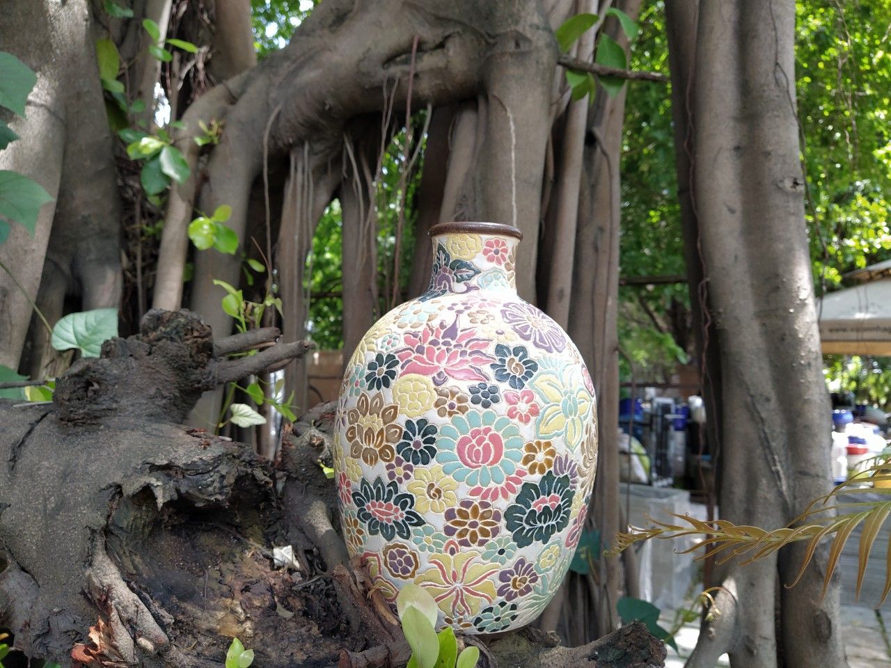 Bình bầu khắc bách hoa, H28cm
