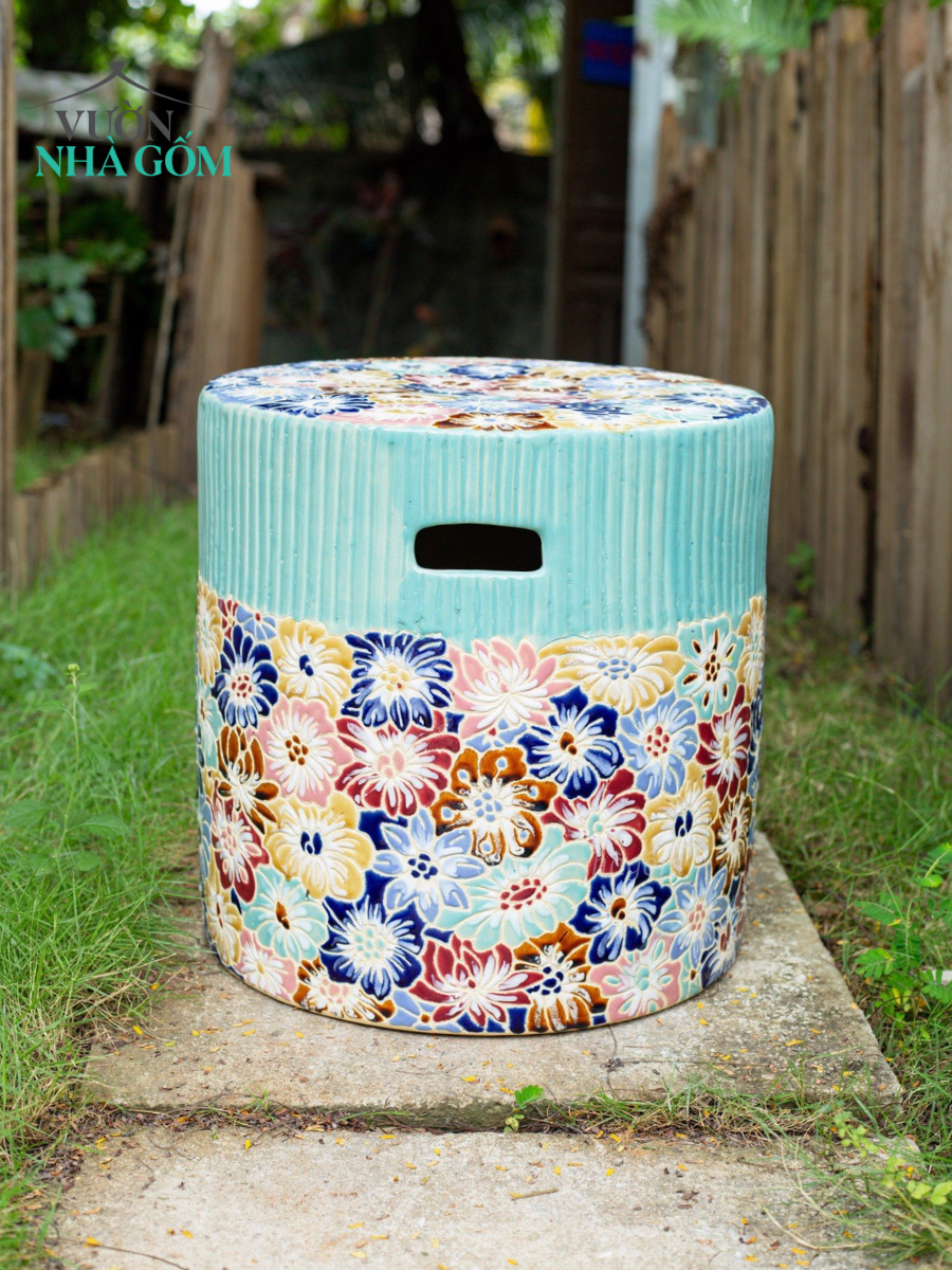 Đôn mỹ nghệ Bách hoa tay cầm điểm viền tròn, gốm Nam bộ, C30 x R40cm