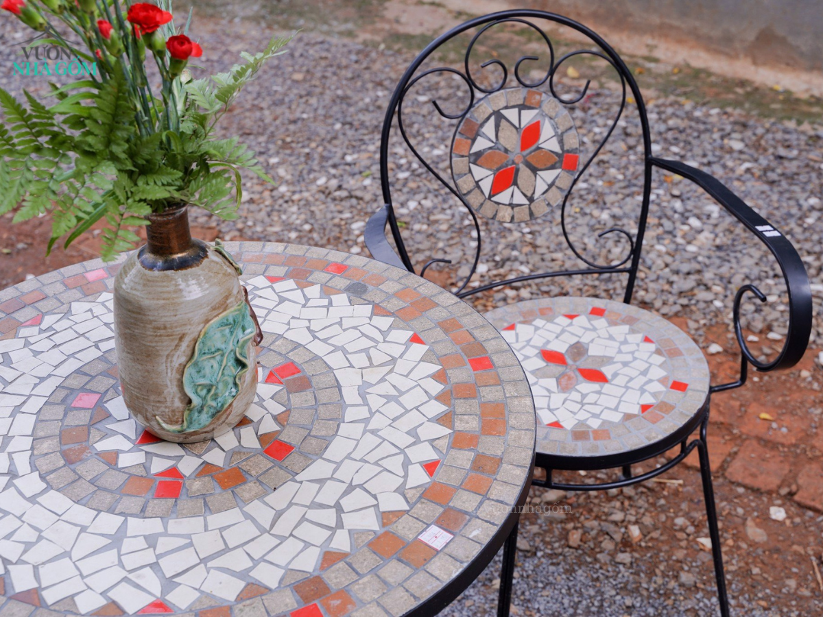  Mosaic hiện đại, bộ bàn ghế ghép gốm họa tiết trắng nâu điểm cam, D60cm 