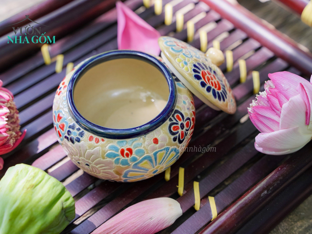 Hũ gốm chấm khắc bách hoa thủ công men màu số 2, gốm Thủ Biên Nam bộ, C9xR8cm