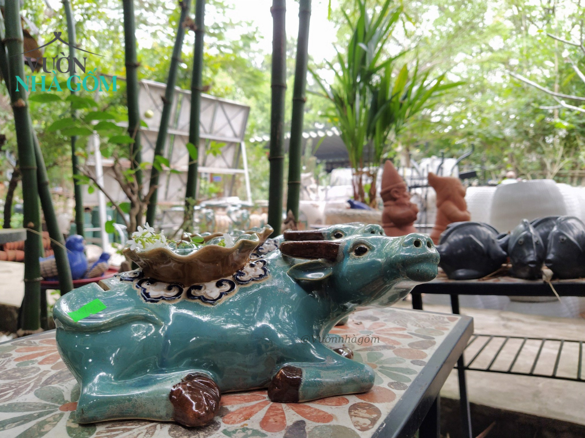 Tượng Trâu lá sen xanh đồng, D26xR15xC10 cm