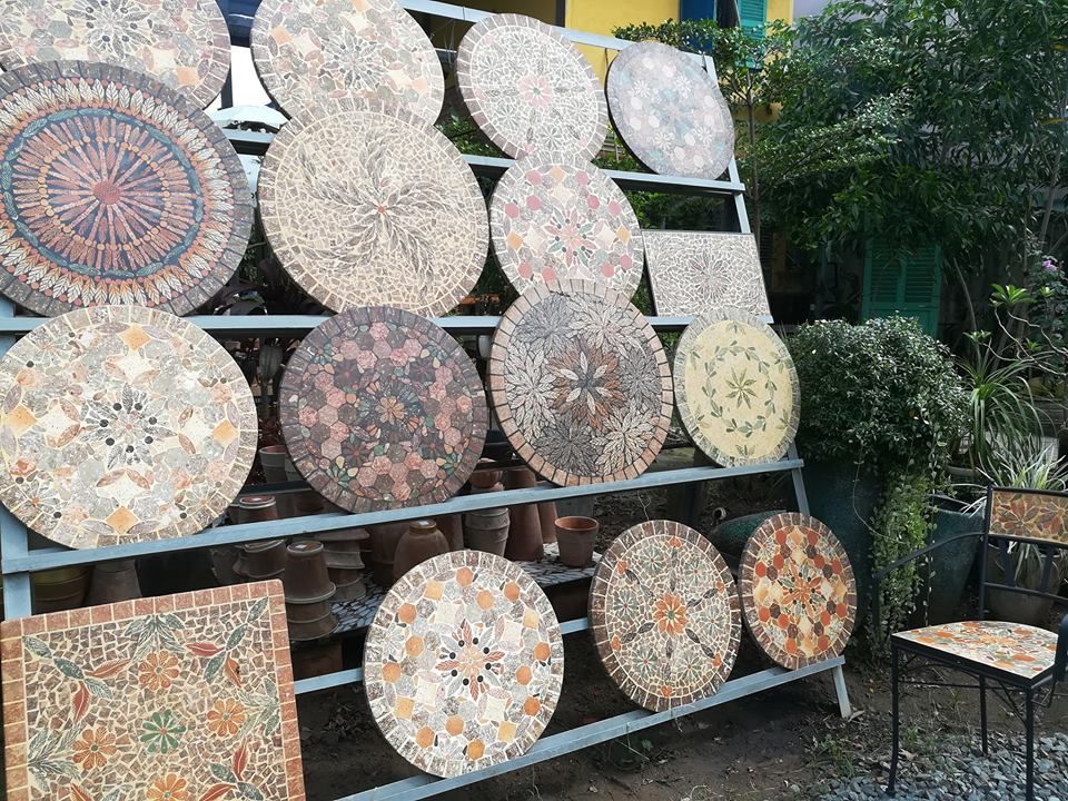 Mosaic cổ điển, bàn gốm tròn, R 70cm