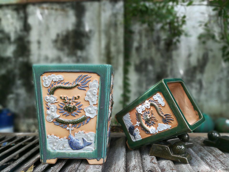 Chậu bonsai vuông, rồng đất, bộ 2