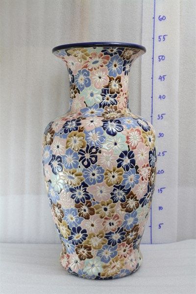 Bình khắc Bách hoa bông sáng, gốm thủ công mỹ nghệ Nam Bộ, H52 cm 