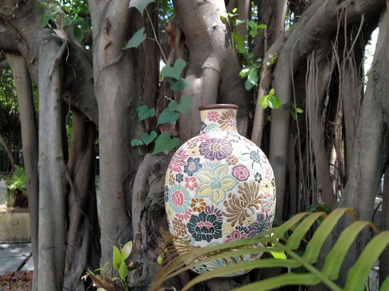 Bình bầu khắc bách hoa, H28cm