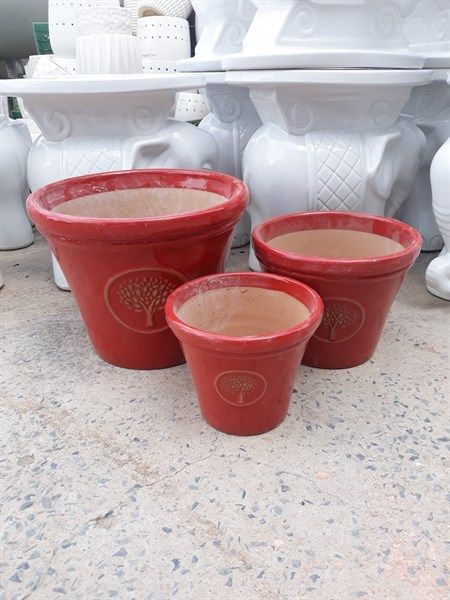 Chậu men họa tiết cây thông, bộ 3- 0402t3g034