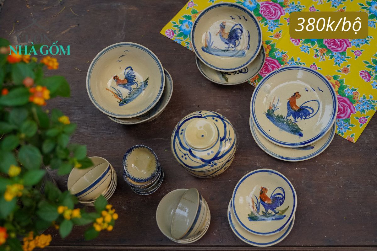 Bộ Gà vẽ tay Chén bát Lái Thiêu