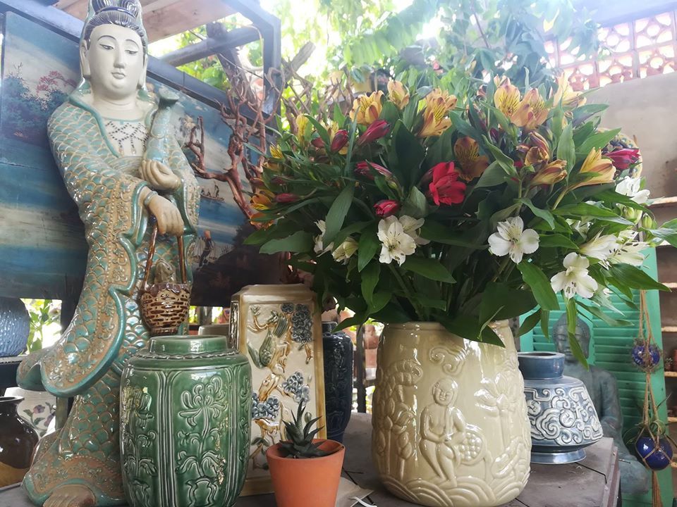 Bình vuông họa tiết đôi chim, gốm Hiên Vân, H30 cm