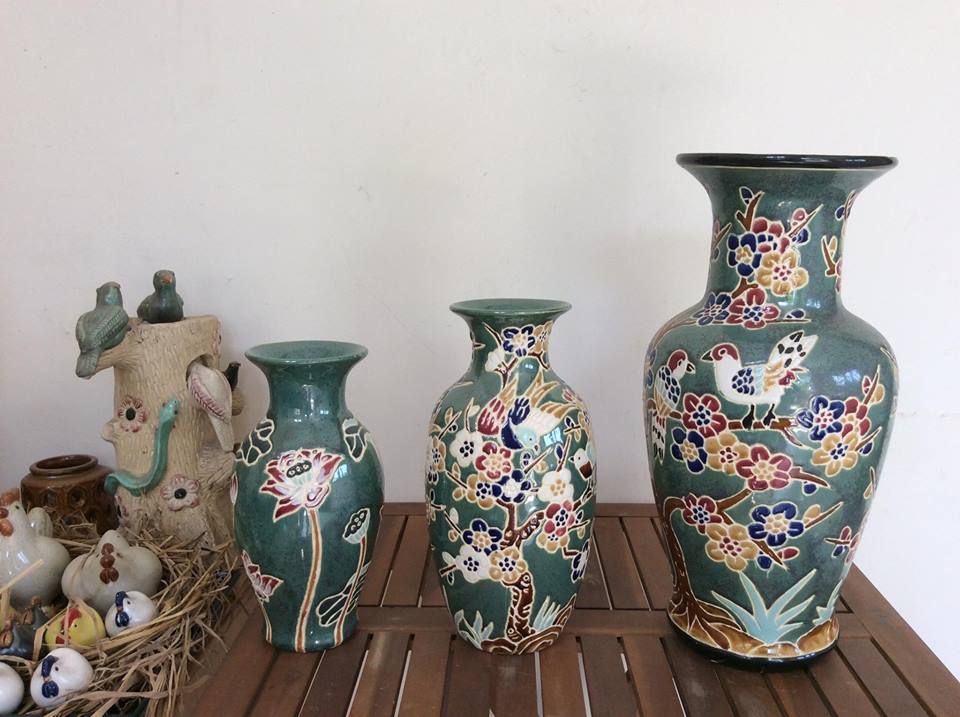Bình mai điểu xanh đồng size nhỏ, gốm mỹ nghệ Nam bộ, C32 x R15cm