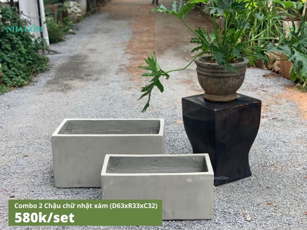  Bộ 2 Chậu xi măng chữ nhật xám, D63xR33xC32 cm 