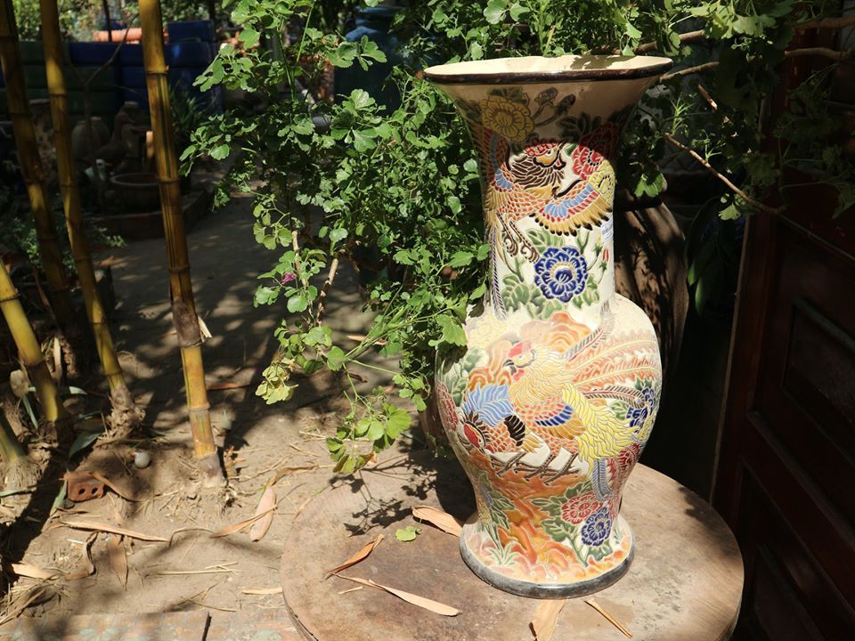 Bình gốm mỹ nghệ, chạm khắc chim phụng, H60 cm