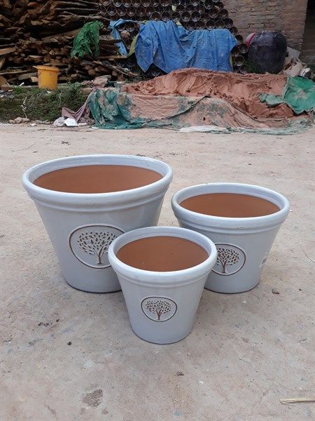 Chậu men họa tiết cây thông, bộ 3- 0402t3g034
