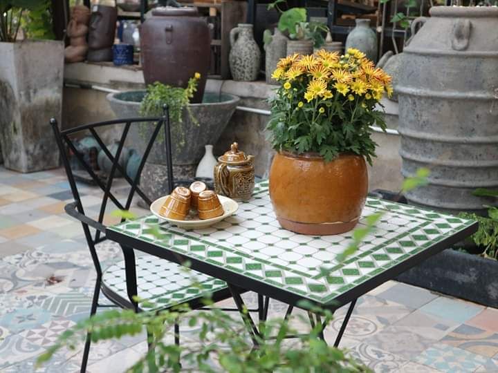 Mosaic hiện đại, bàn ghép gốm vuông ô xanh lá, R60cm