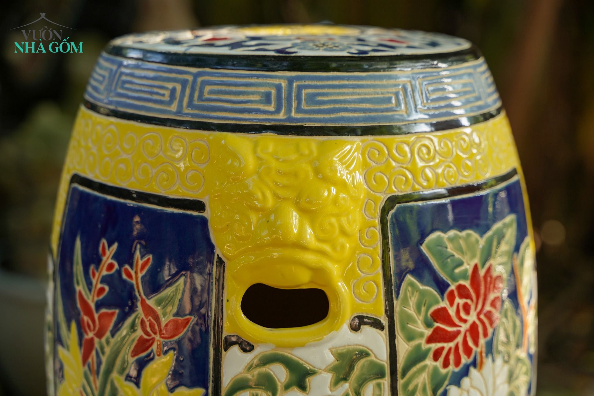  Đôn trống tròn họa tiết Hoa Bốn Mùa, Đôn Tứ Quý, màu vàng, gốm mỹ nghệ Nam Bộ, C45 x R35cm 