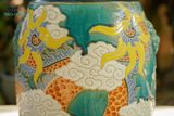  Đôn trống Song Long Tranh Châu tay cầm hình khối, màu xanh ngọc, gốm mỹ nghệ Nam Bộ, C45 x R35cm 