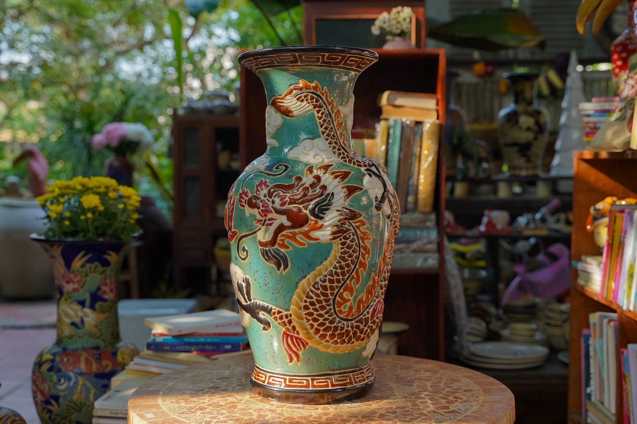 Bình Song Long Tranh Châu size lớn, men xanh đồng trổ bông, gốm mỹ nghệ Nam Bộ, H53 cm